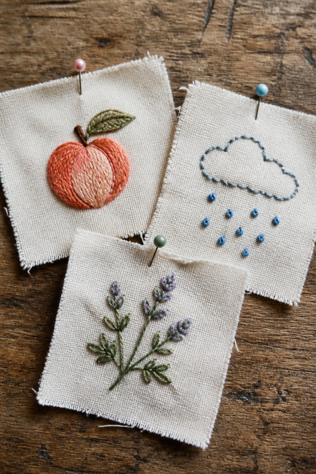 Three embroidered swatches of peach, rain cloud, and lavender pinned to wood.