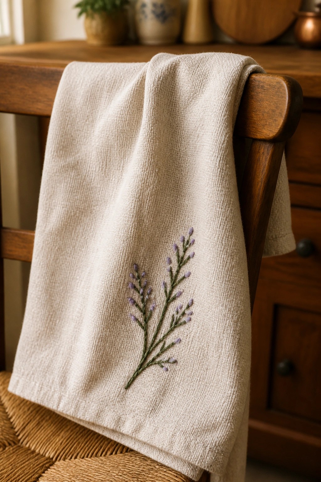 A beige towel embroidered with a green stem and purple buds draped over a wooden chair back.