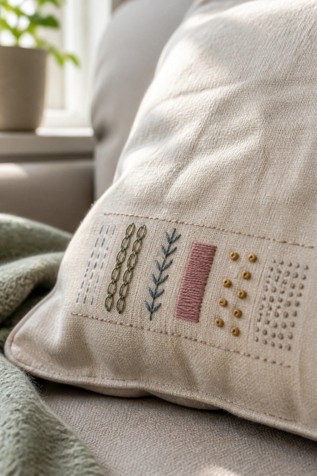 Beige cushion with embroidered chain, leaf, satin, and dot stitch patterns.