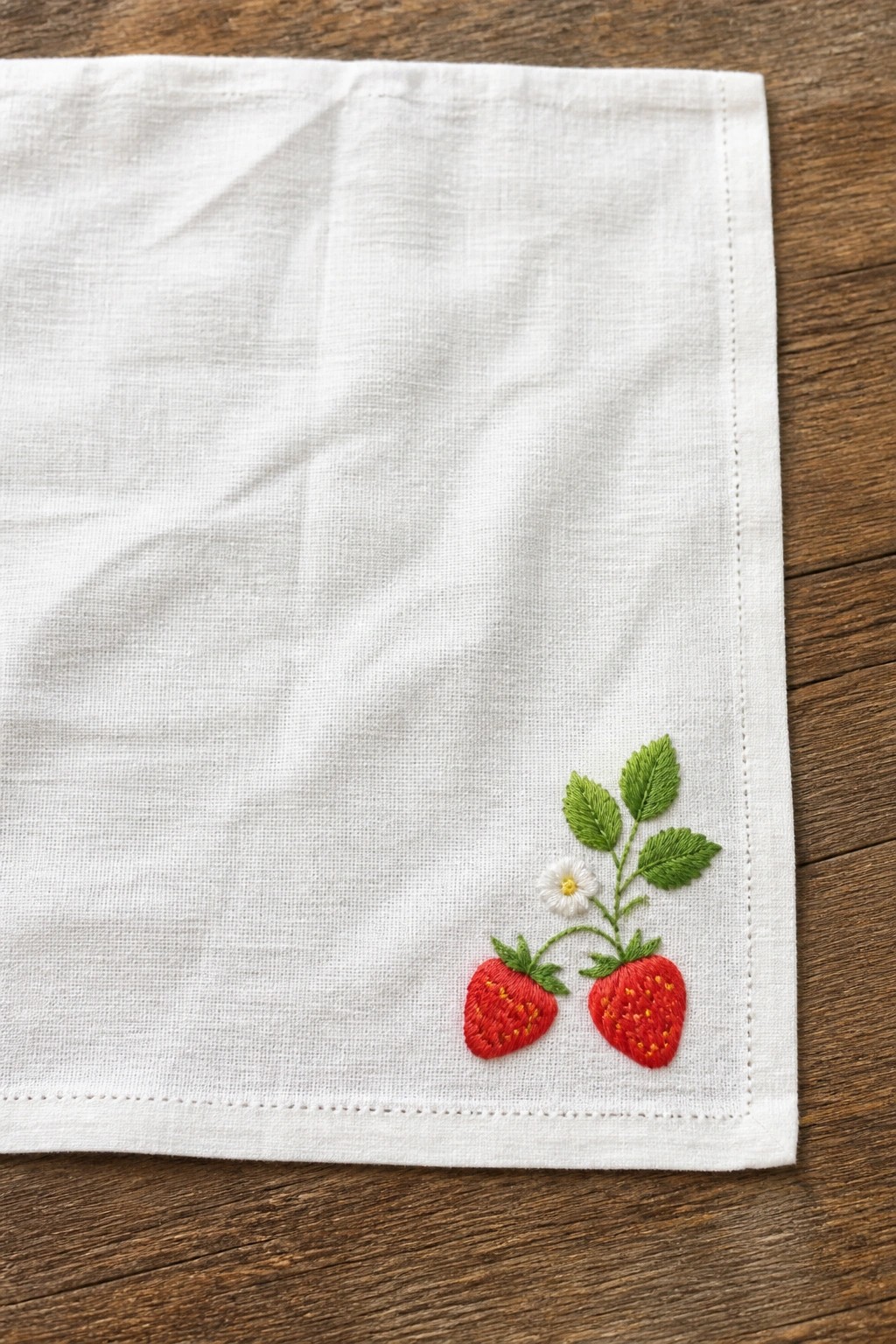 White fabric corner with two embroidered red strawberries, green leaves, and a small white flower on a wooden surface.