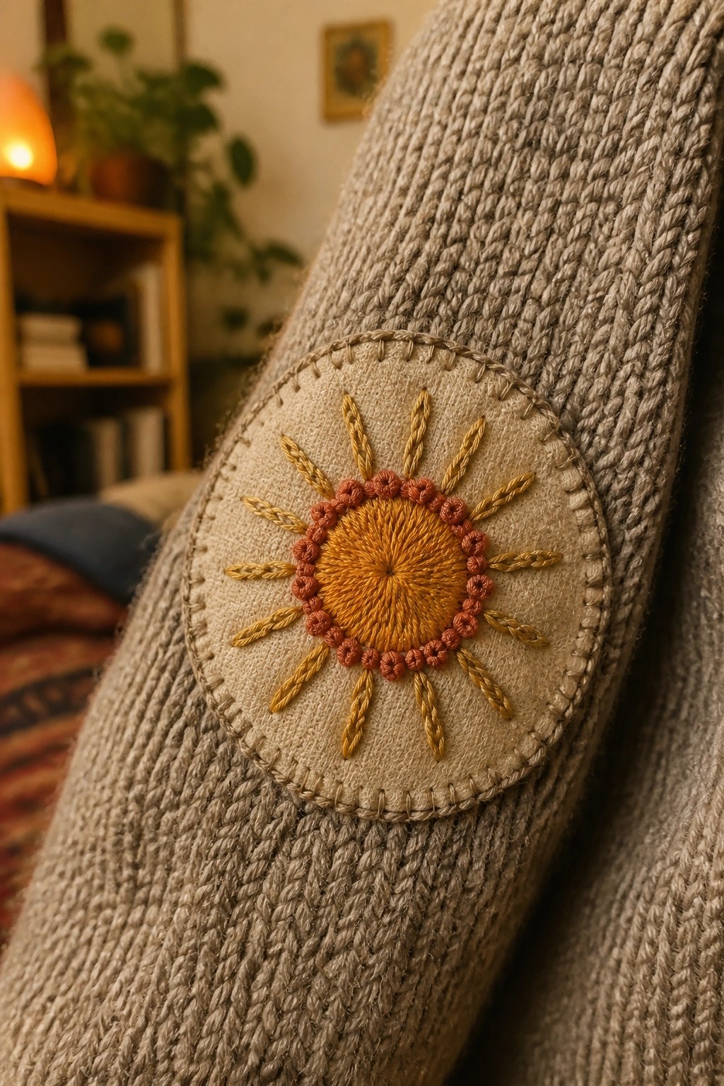 Close-up of a circular fabric patch with an embroidered sun sewn onto the sleeve of a gray knitted sweater.