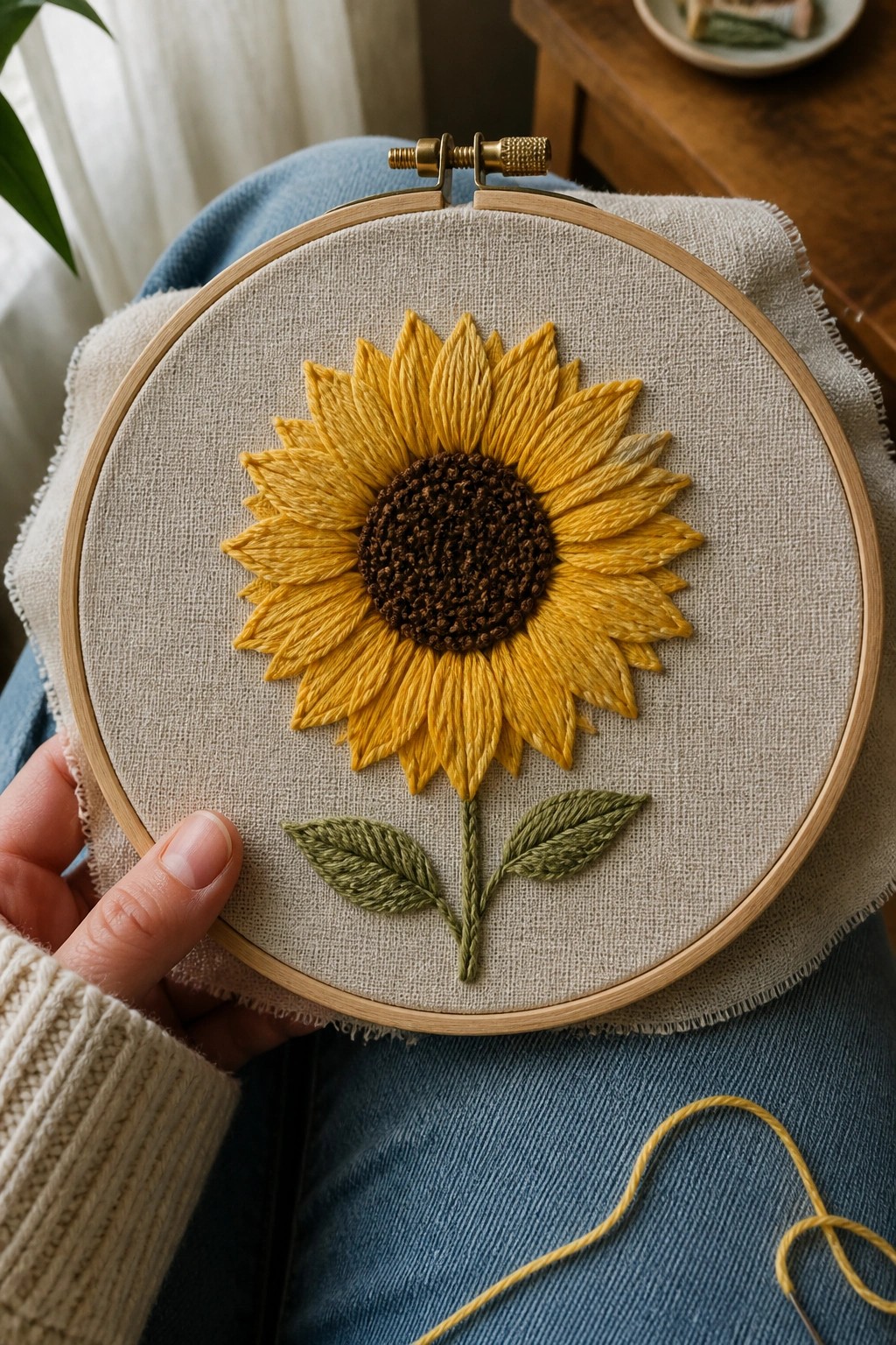 Hands in cream sweater holding wooden hoop with yellow sunflower embroidery on beige fabric.