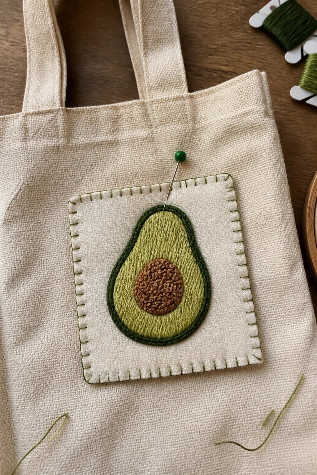A canvas tote bag with an avocado embroidered on a square fabric patch pinned to the front.