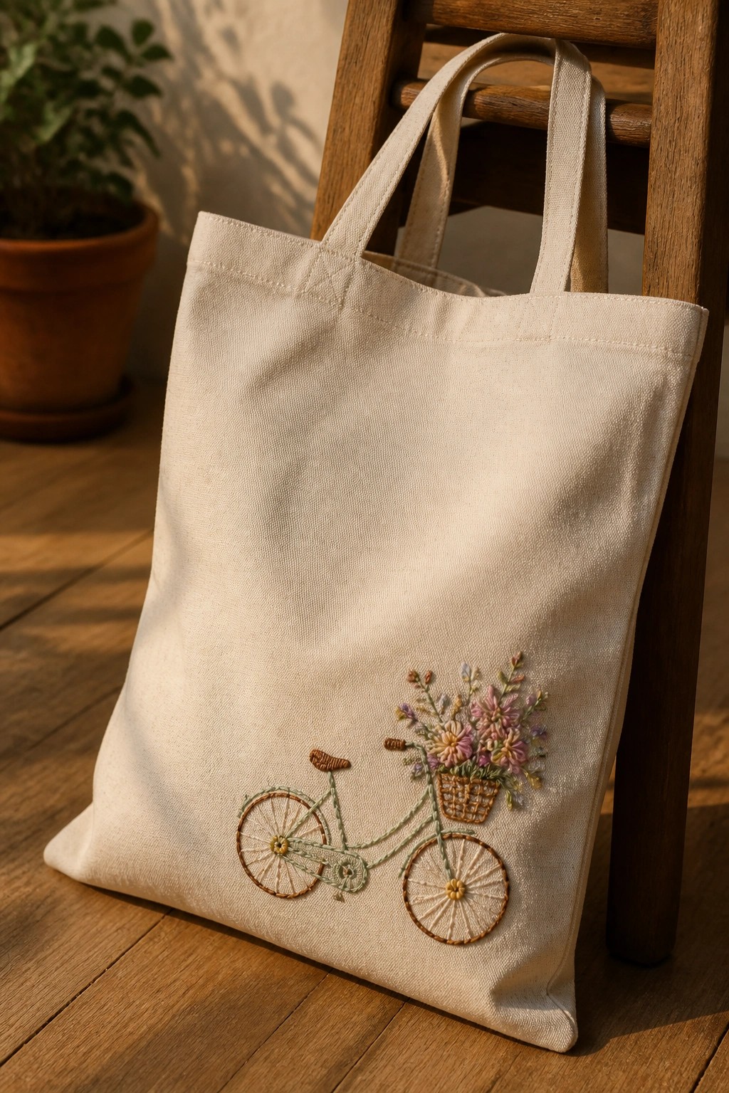 A canvas tote bag embroidered with a bicycle and flower basket design leaning against a wooden chair.