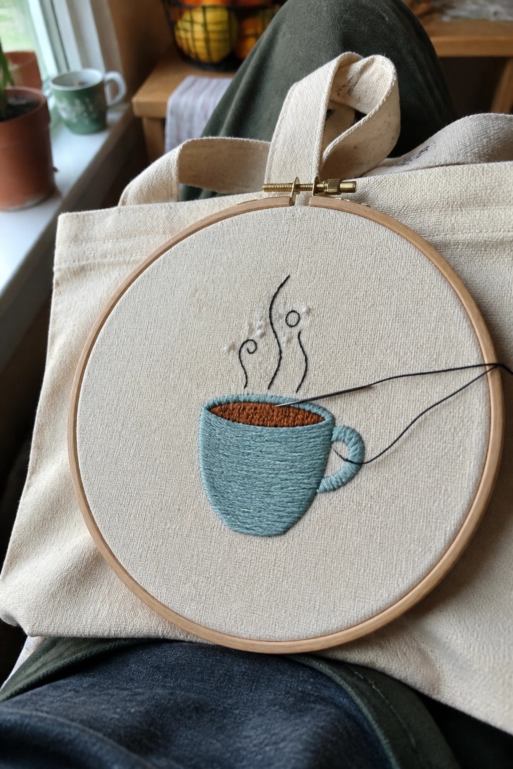 Teal embroidered coffee cup with steam on beige tote bag in wooden hoop on lap