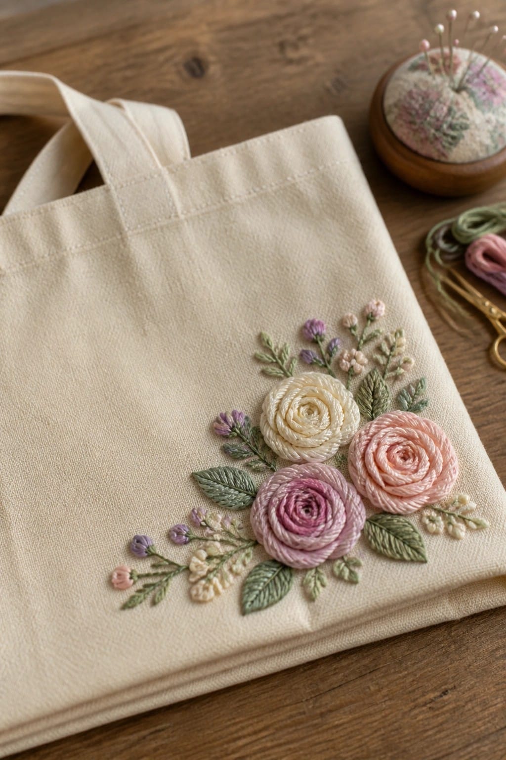 Cream tote bag with embroidered roses in cream, pink, and purple placed in the lower right corner on a wooden surface.