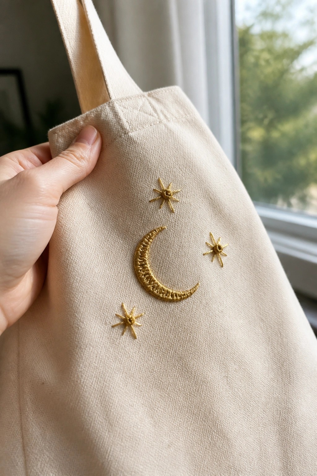 A beige canvas tote bag held by a hand, embroidered with a gold crescent moon and four gold stars of varying sizes.
