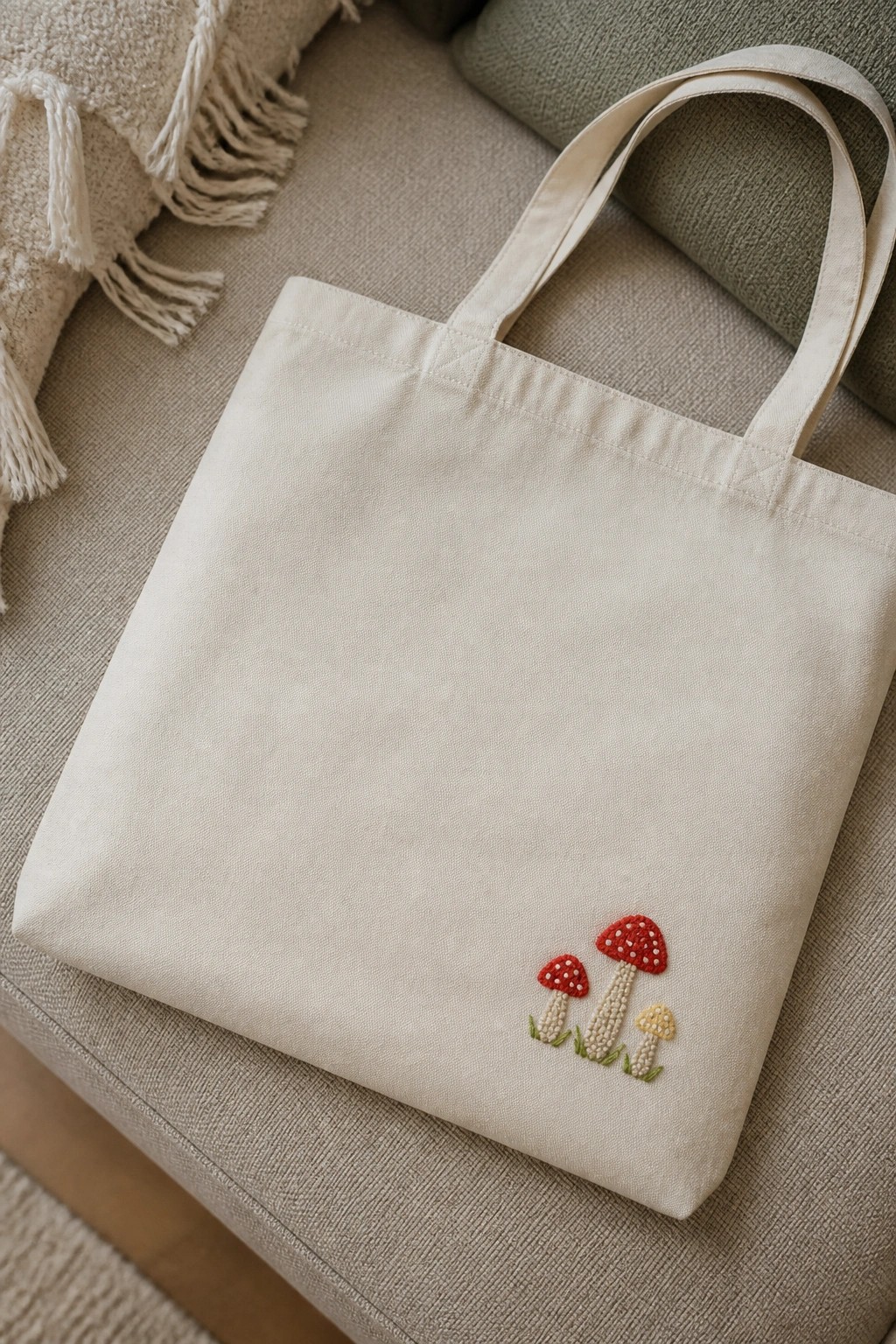 Beige canvas tote bag with red mushroom embroidery on couch fabric