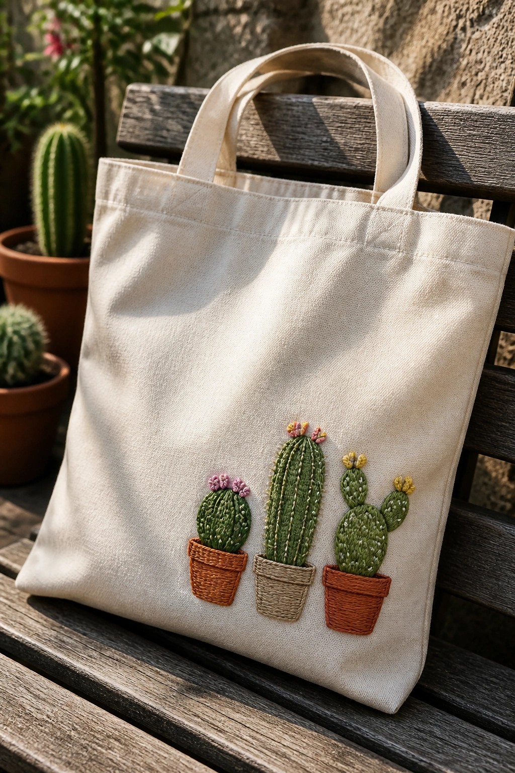 Canvas tote bag with three embroidered potted cacti on the front.