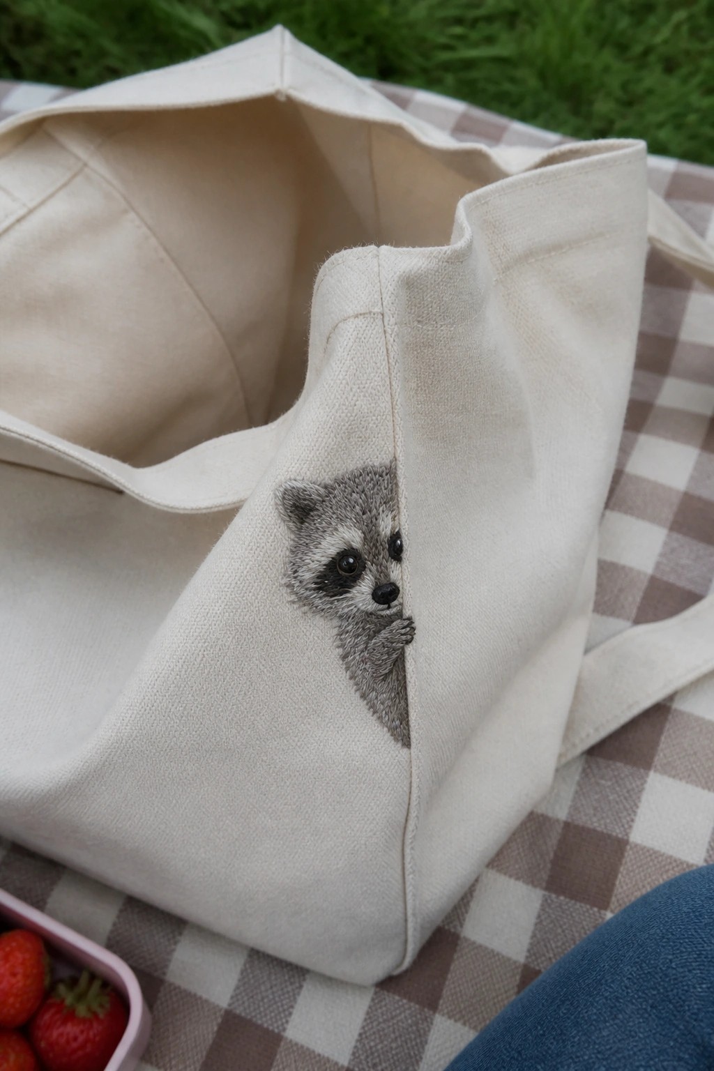Beige canvas tote bag with embroidered raccoon on checkered picnic blanket beside strawberries
