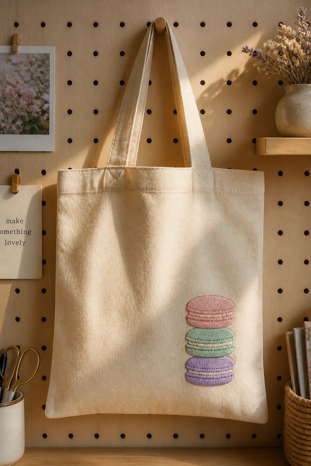 A beige canvas tote bag with three embroidered macarons stacked vertically in pink, green, and purple on the lower right side.