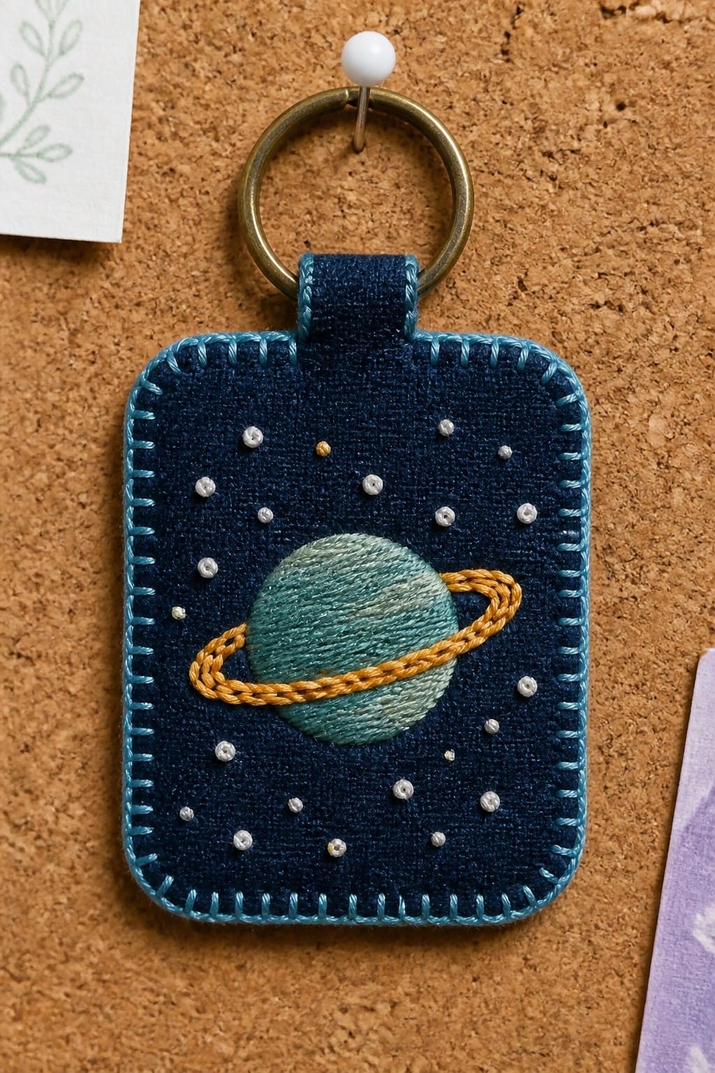Small dark blue fabric rectangle with embroidered teal planet and gold ring, white and silver stars, blue stitched border, and metal keyring at top.