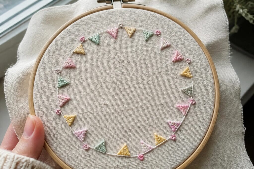 13 Lovely Cute Embroidery Designs to Display in Hoops, Frames, and Shelves Hand holding wooden hoop with pastel bunting flags and pink hearts on beige fabric