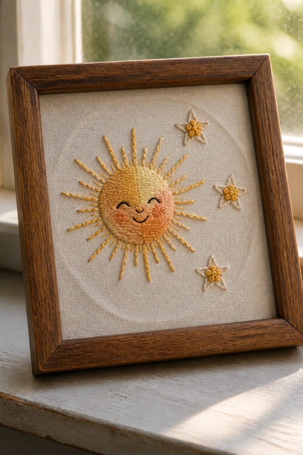 Framed embroidery of smiling sun with rays and three stars on fabric