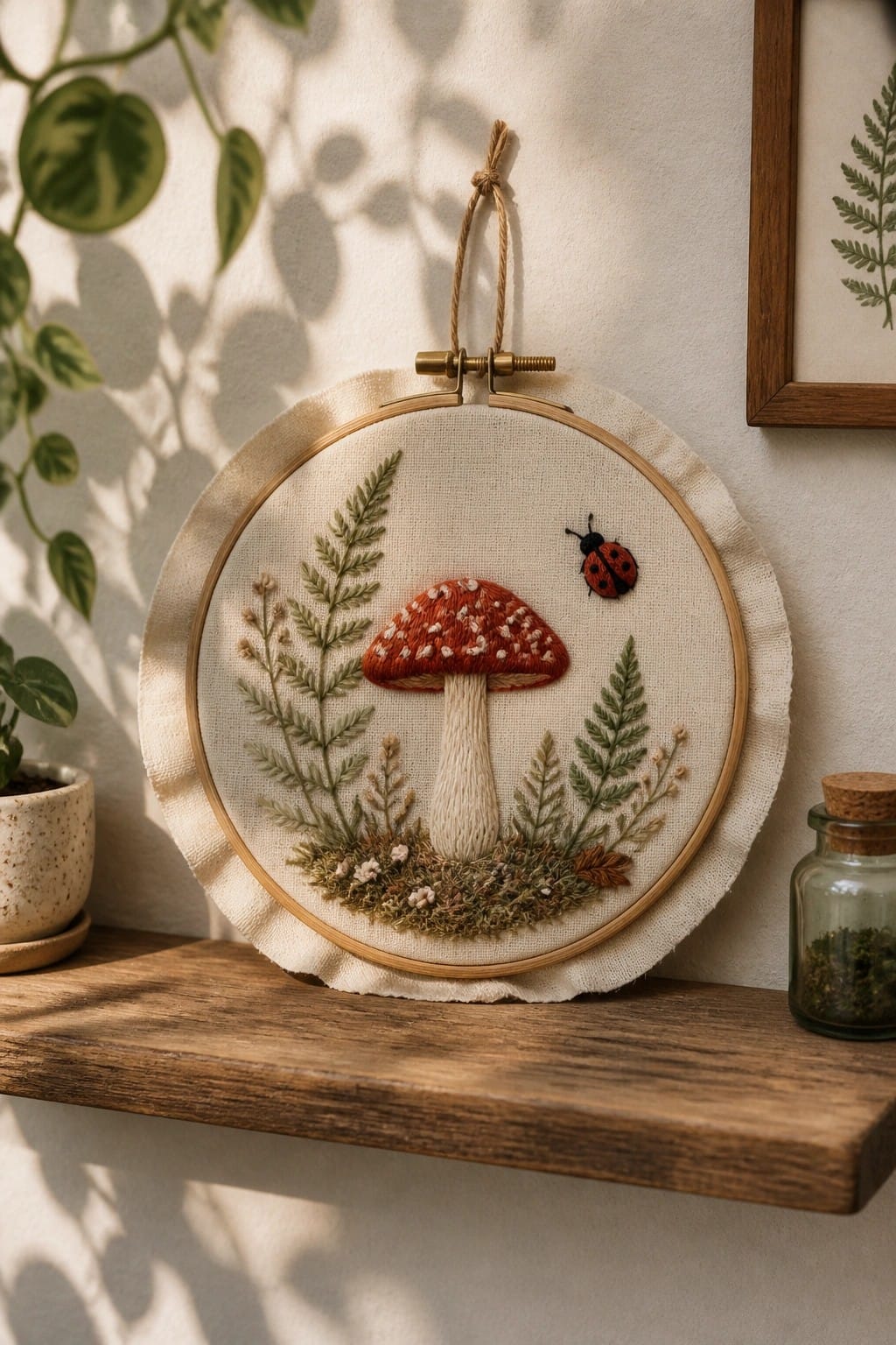 Embroidery hoop with red spotted mushroom, ladybug, and green ferns on fabric.