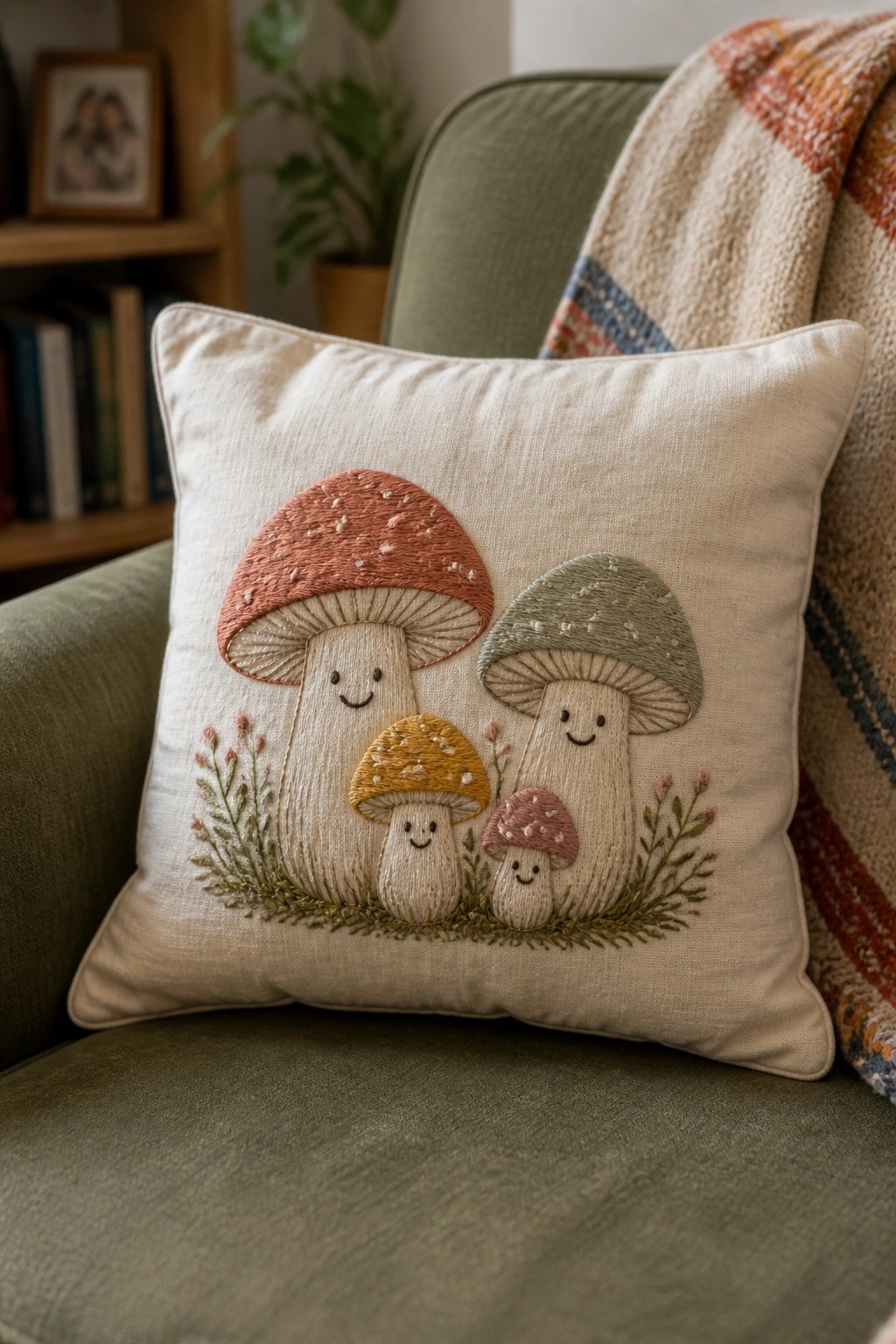 Embroidered cream pillow with four smiling mushrooms on green armchair.