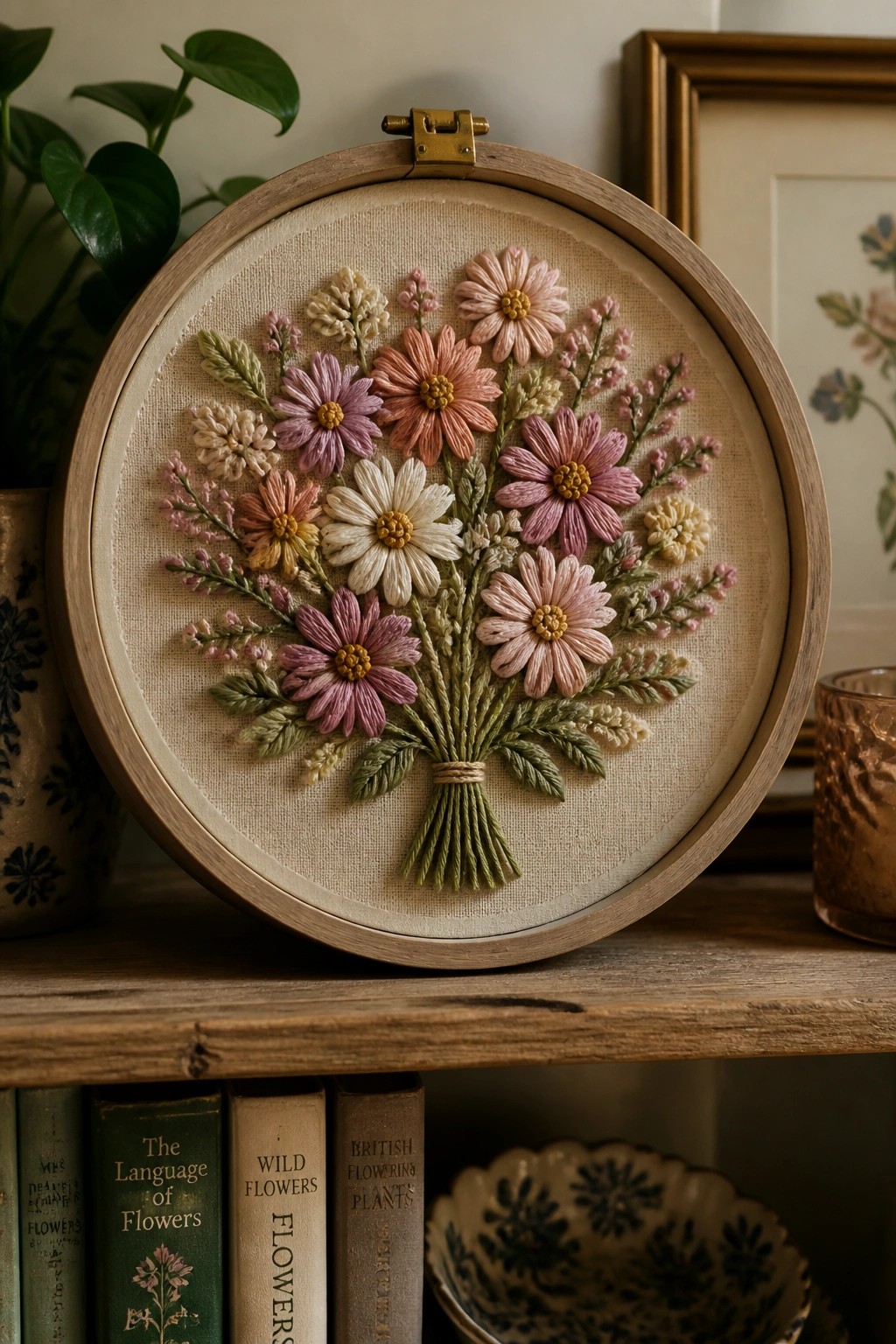 Pastel embroidered daisy bouquet in wooden hoop above vintage books on shelf