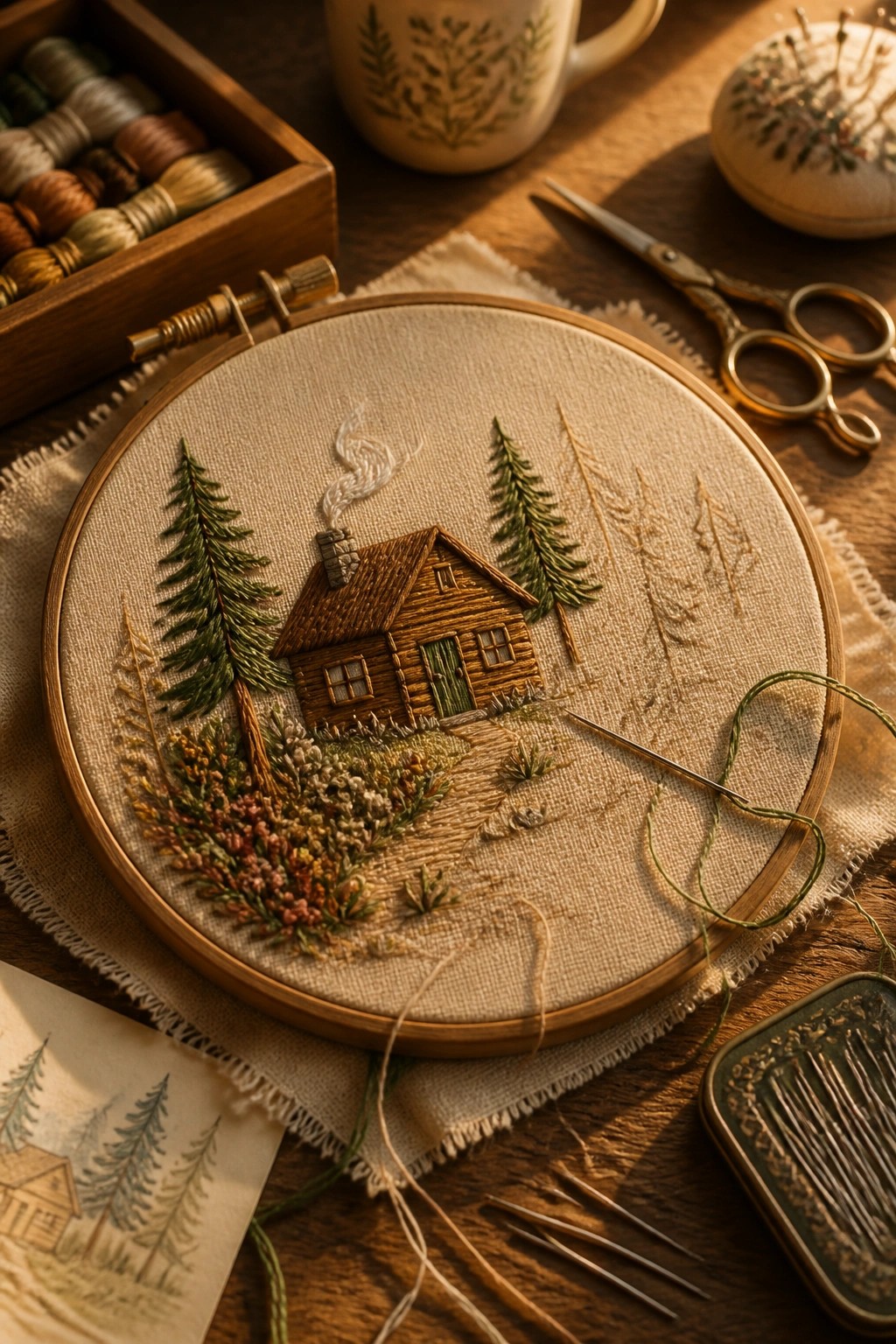 Embroidery hoop with a stitched log cabin, trees, and flowers on fabric, next to scissors, thread box, and other supplies.