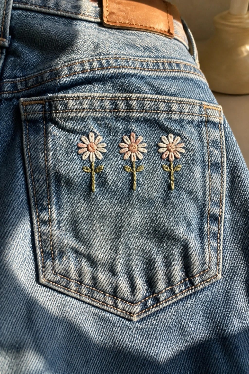 Blue denim jeans back pocket with three embroidered pink and white daisies