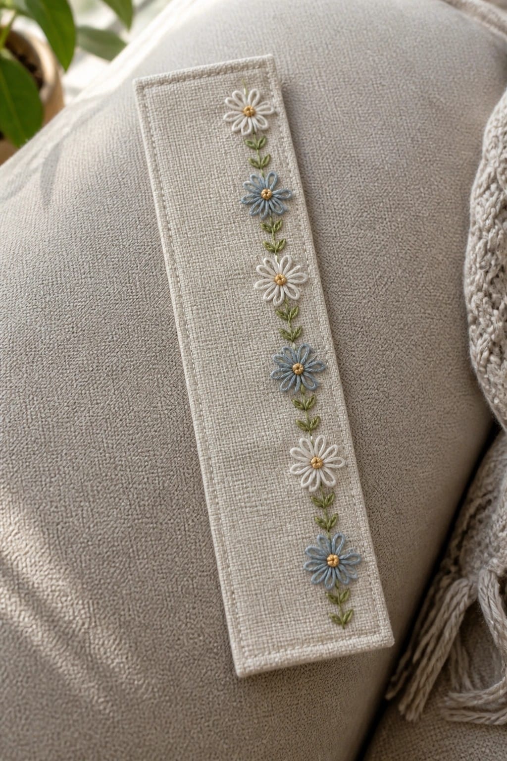 A narrow beige fabric strip embroidered with a vertical row of alternating white and blue daisies connected by green stems and leaves.