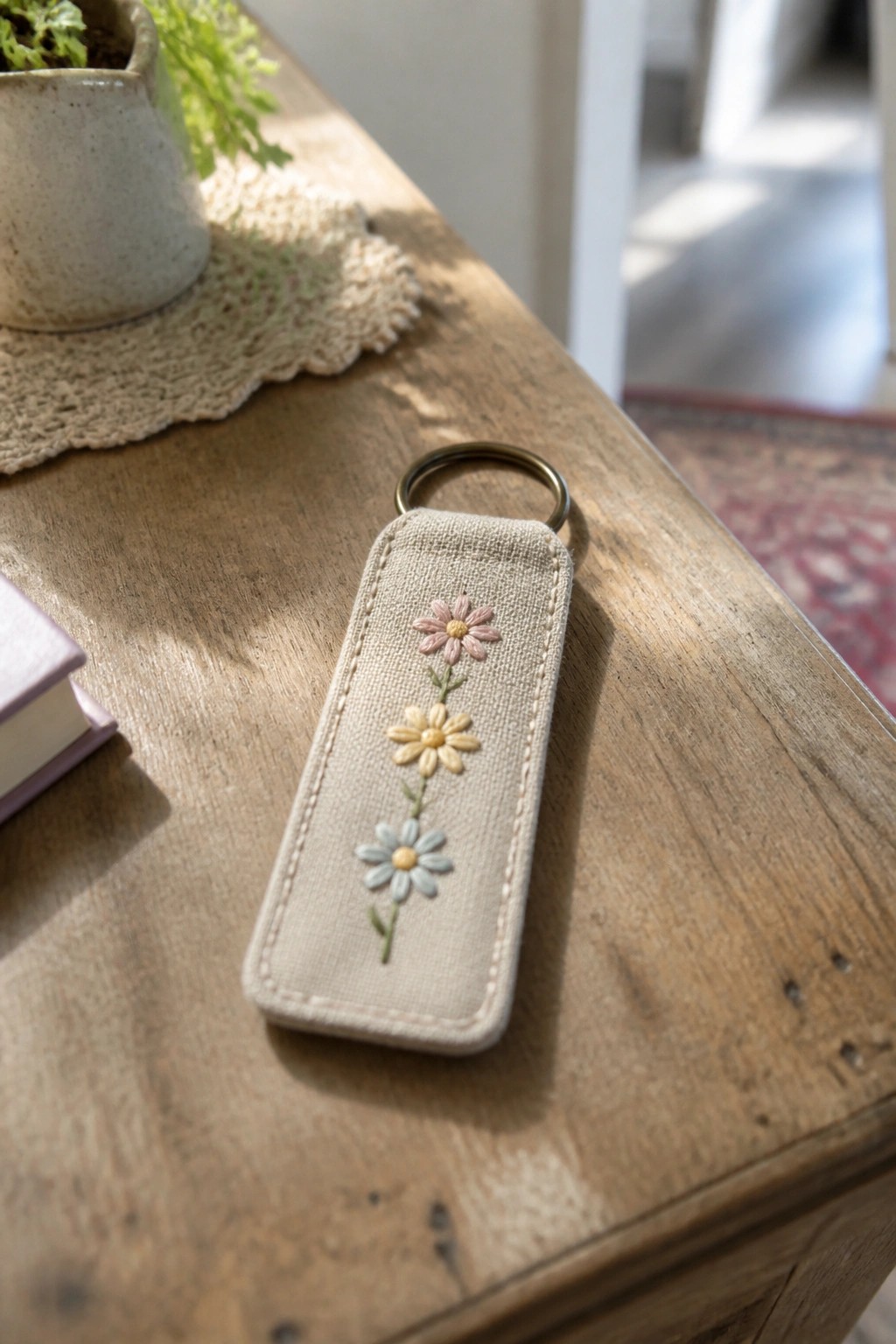 A narrow beige fabric key fob with three vertically stacked embroidered daisies in pink, yellow, and light blue attached to a metal ring.
