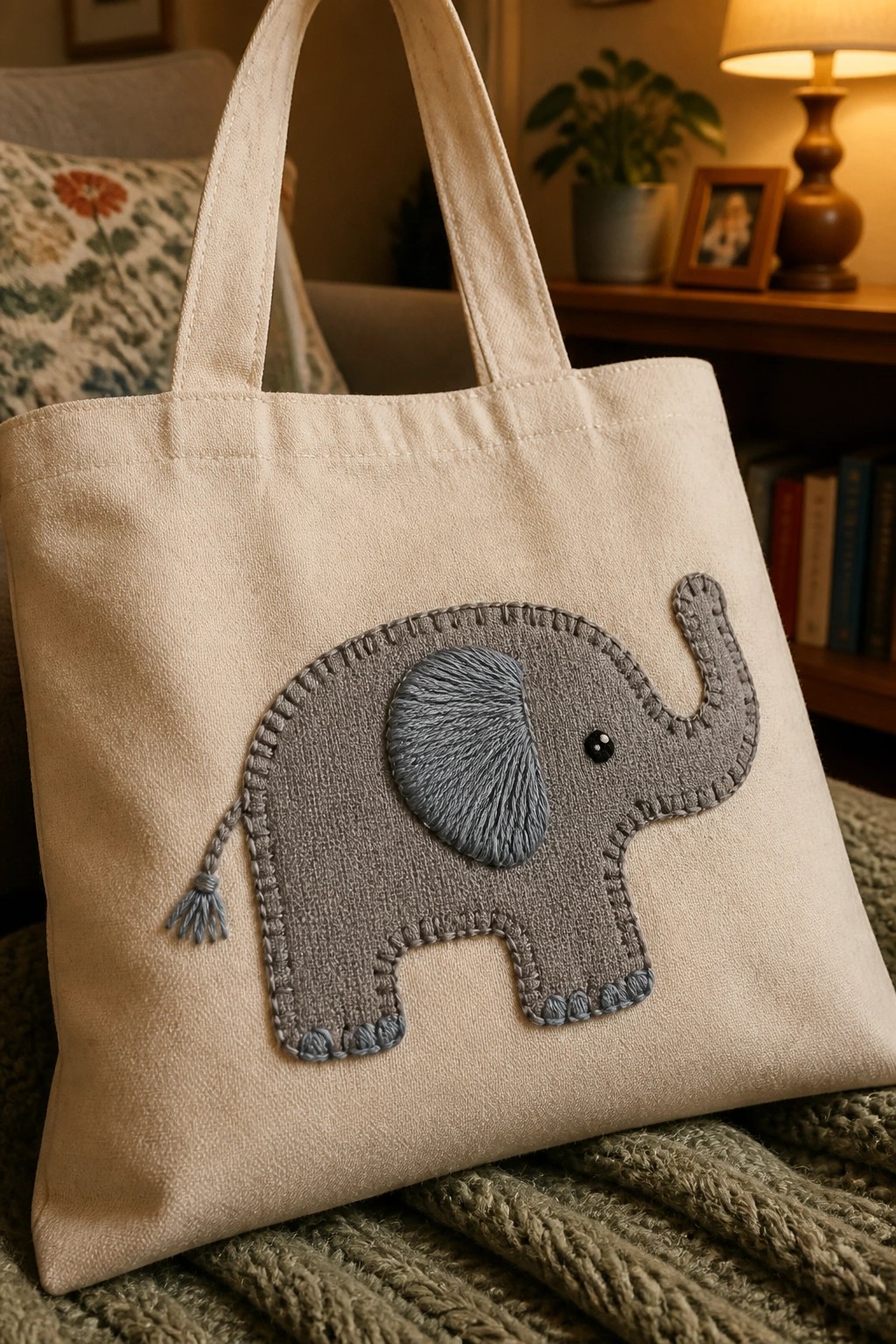 Cream canvas tote bag with gray embroidered elephant on green knit blanket