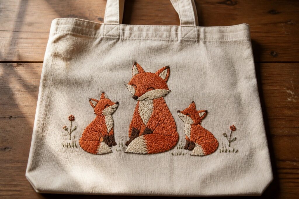 Beige canvas tote bag embroidered with smiling adult fox and two cubs on wood