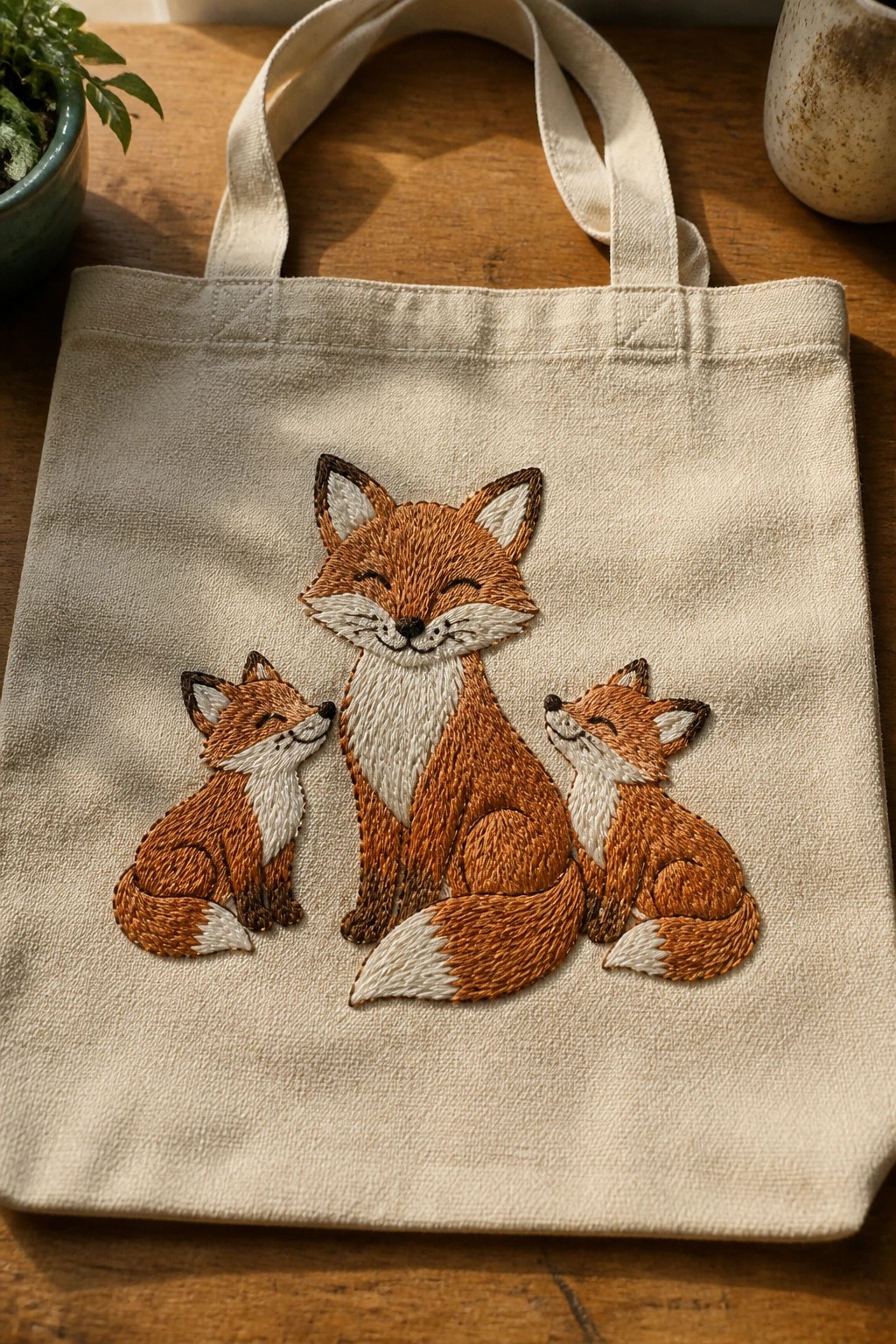 Beige canvas tote bag embroidered with smiling adult fox and two cubs on wood