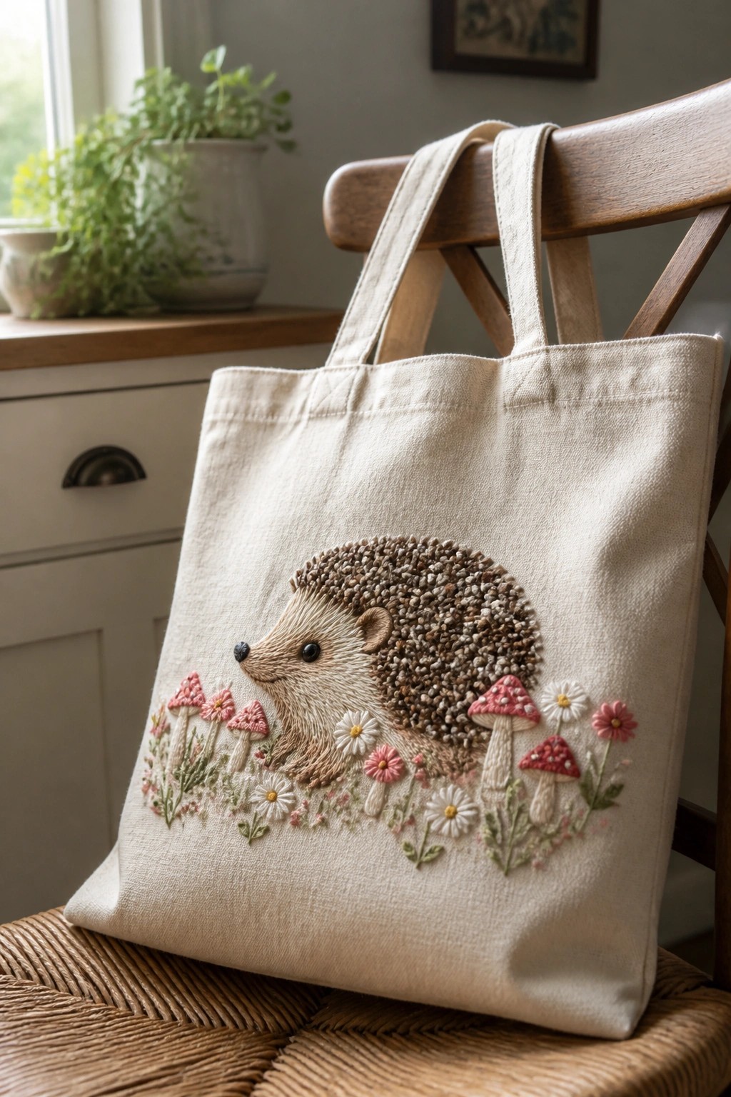 A canvas tote bag embroidered with a hedgehog, mushrooms, and flowers rests on a wooden chair.