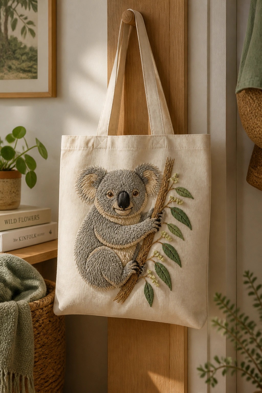 A cream canvas tote bag with an embroidered gray koala holding a leafy branch hangs on a wooden hook.