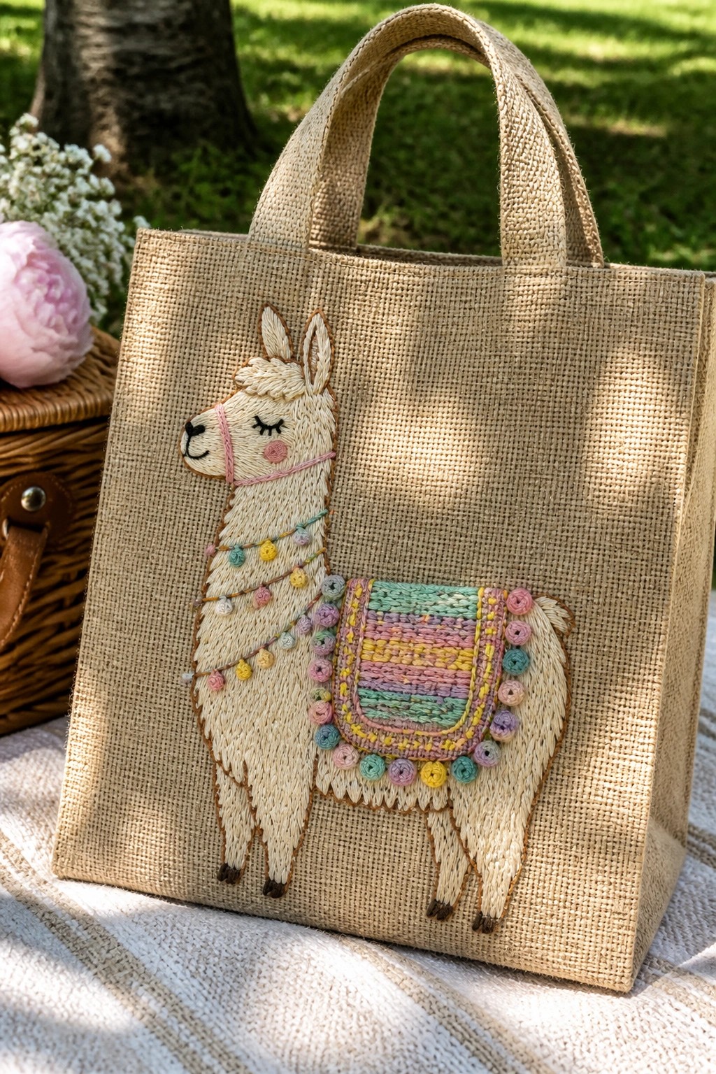 Embroidered llama on beige burlap tote bag with colorful blanket and pom-poms