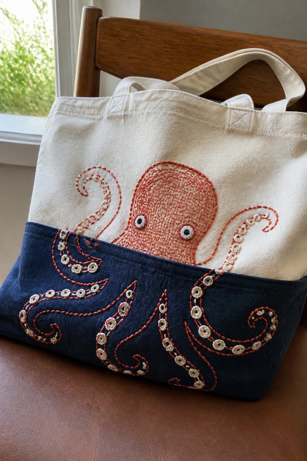 Octopus embroidered on a two-tone tote bag with body on beige fabric and tentacles extending onto blue fabric.