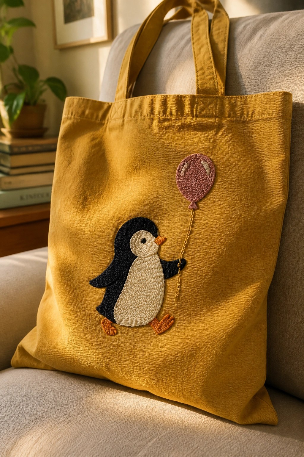 Yellow tote bag embroidered with penguin holding pink balloon on couch