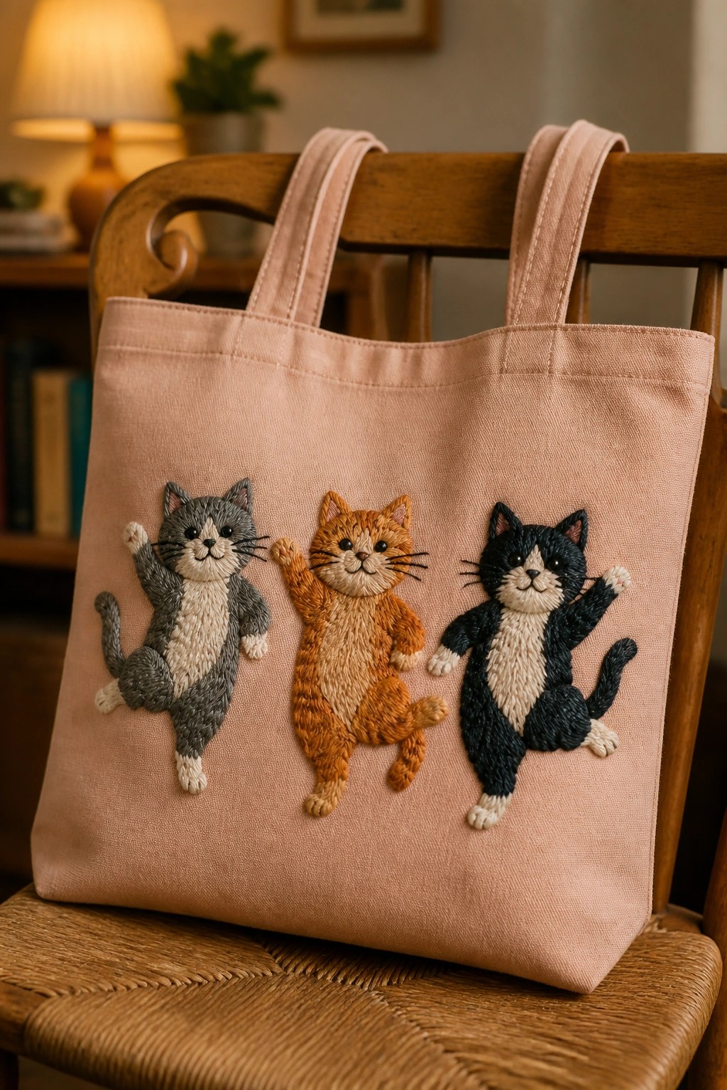 A light pink tote bag with three embroidered cats in gray, orange, and black-and-white arranged in a row on the front.