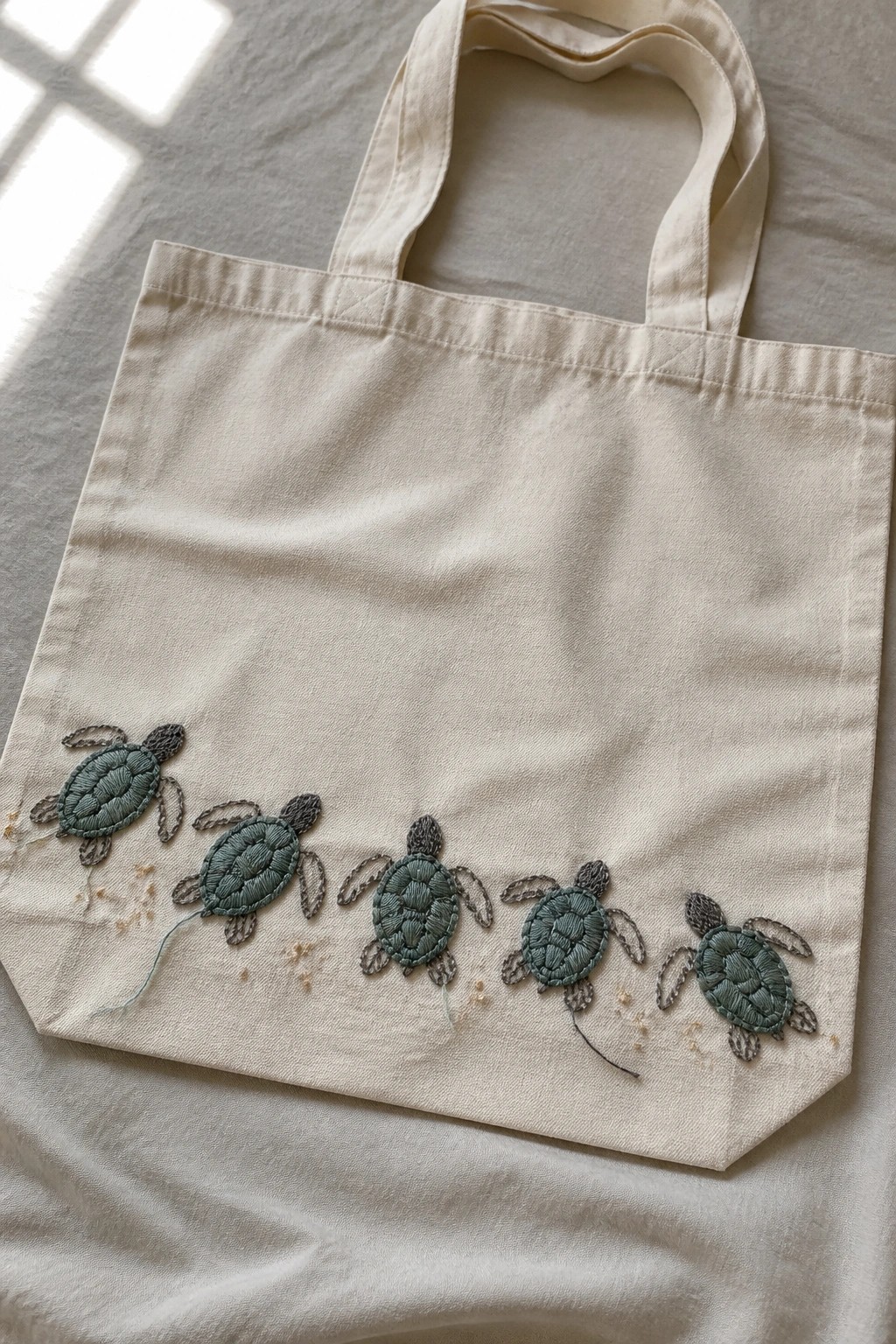 Cream canvas tote bag embroidered with five green sea turtles in a row