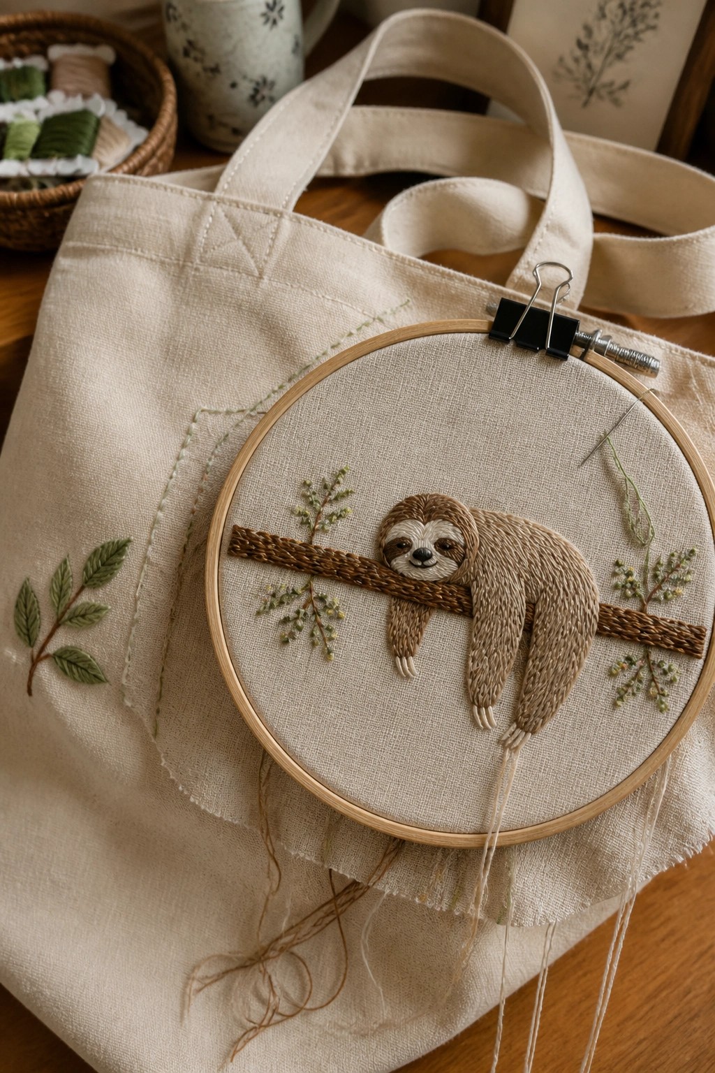 A canvas tote bag holds an embroidery hoop with a stitched sloth hanging from a brown branch.