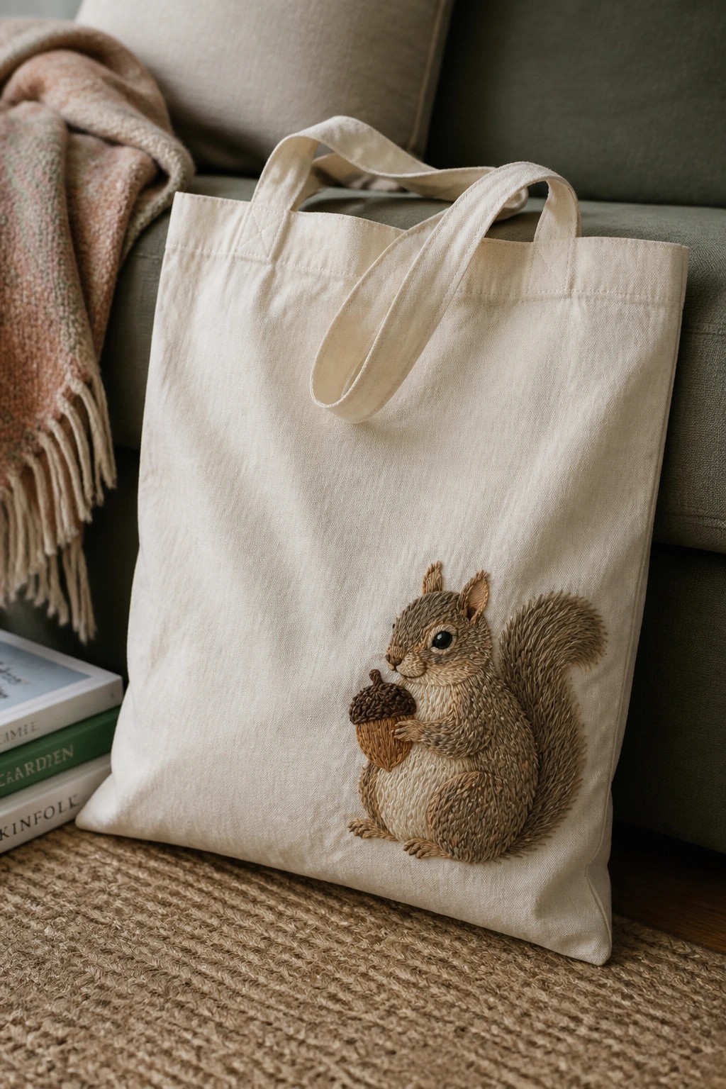 A cream tote bag with an embroidered squirrel holding an acorn sits on a woven mat near stacked books.