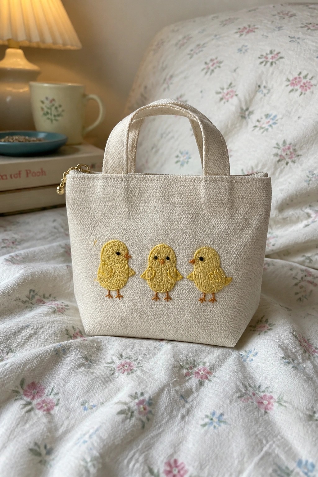 Small beige tote bag embroidered with three yellow chicks on floral bedding