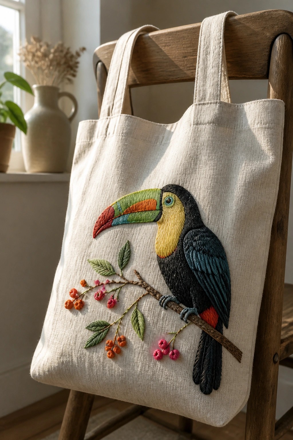 Beige canvas tote bag with vibrant embroidered toucan on leafy branch, on wooden chair.