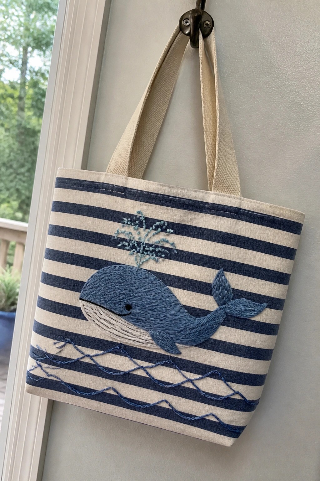 Navy-striped tote bag with embroidered blue whale hangs from metal hook.