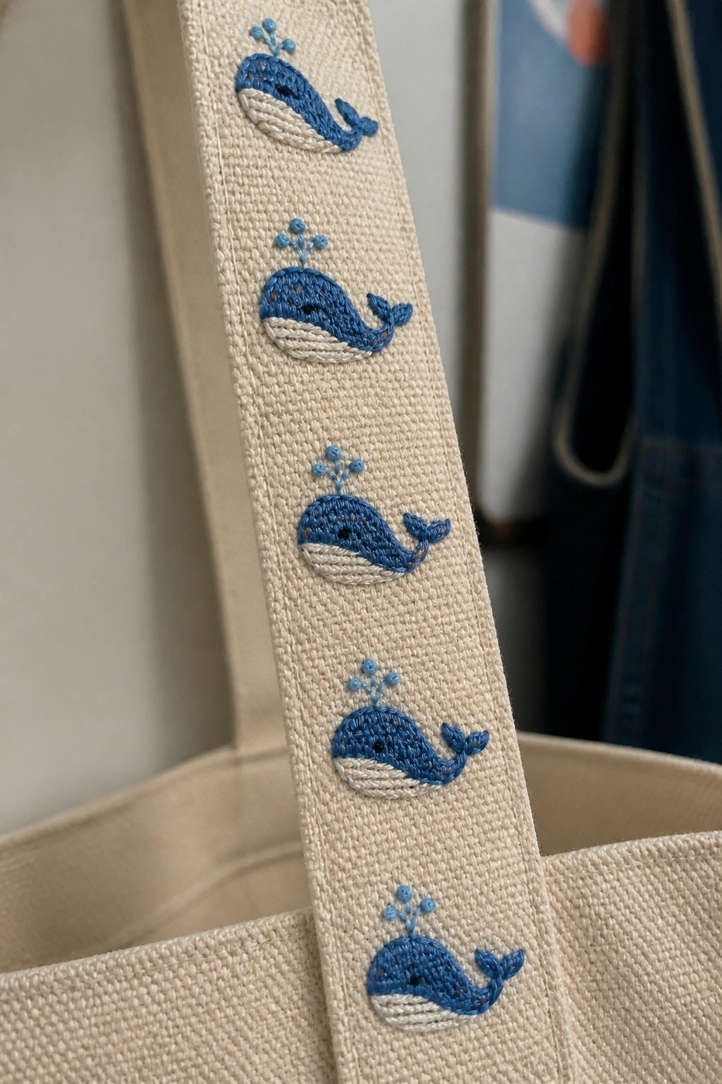 Beige tote bag strap with five vertical blue whale embroideries and bubbles.