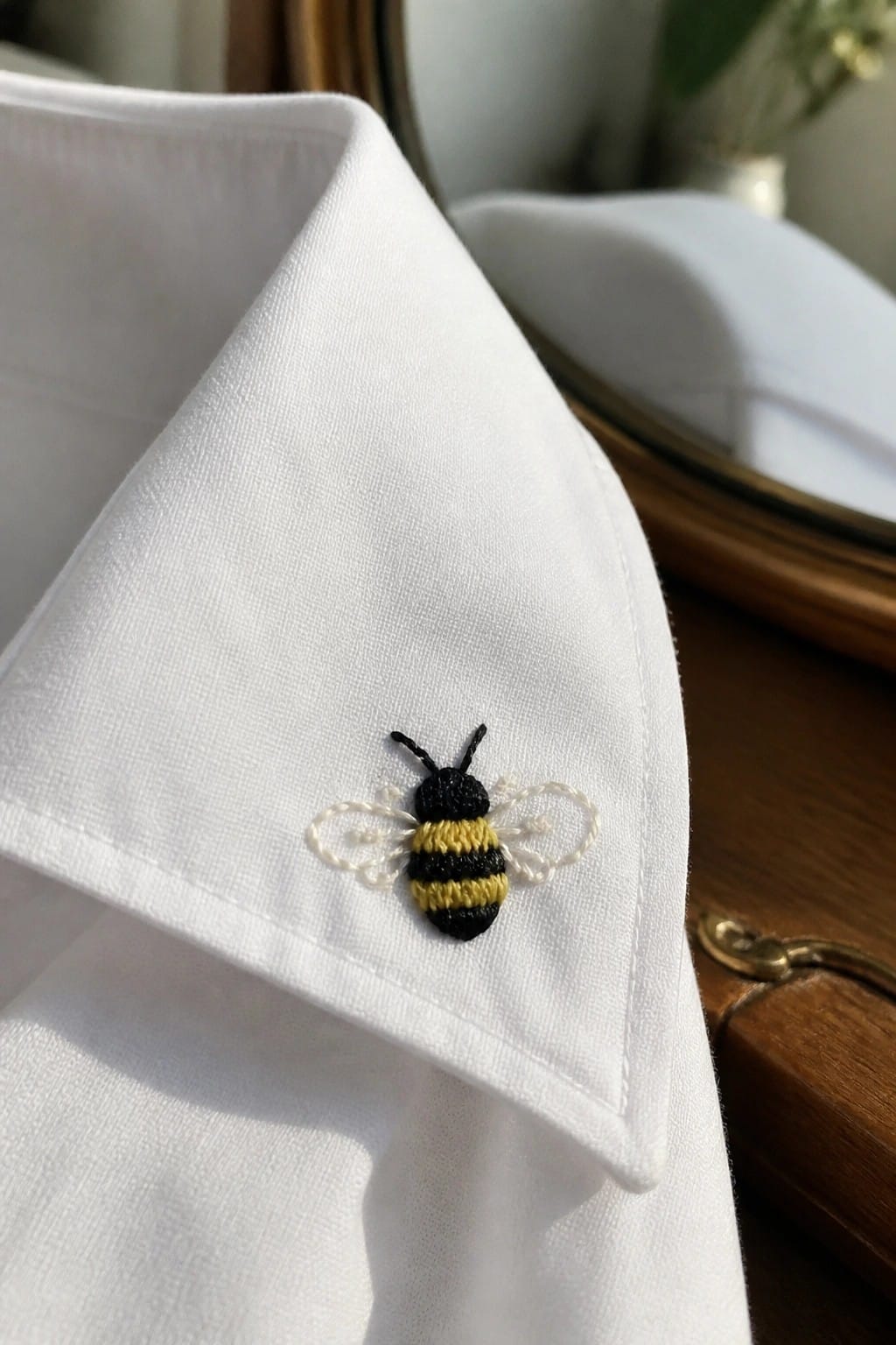 Small embroidered bee on the collar of a white shirt.