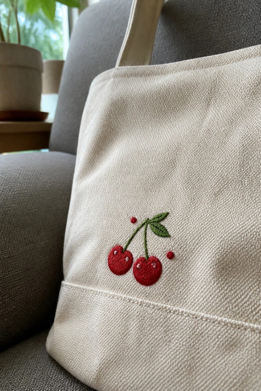 Cream canvas tote bag with embroidered red cherries and green leaves on gray couch.