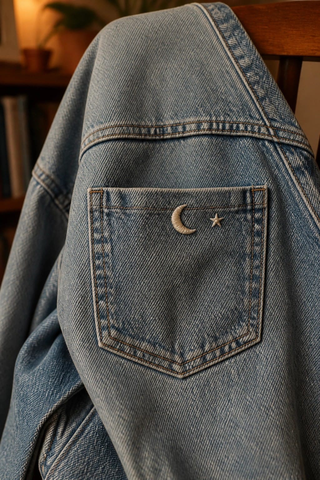 Close-up of a blue denim jacket back pocket with a small embroidered crescent moon and star in light thread.