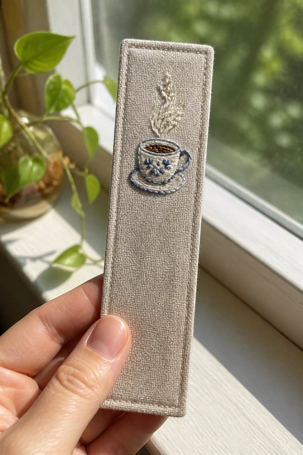 A hand holds a narrow beige fabric bookmark embroidered with a coffee cup and steam.