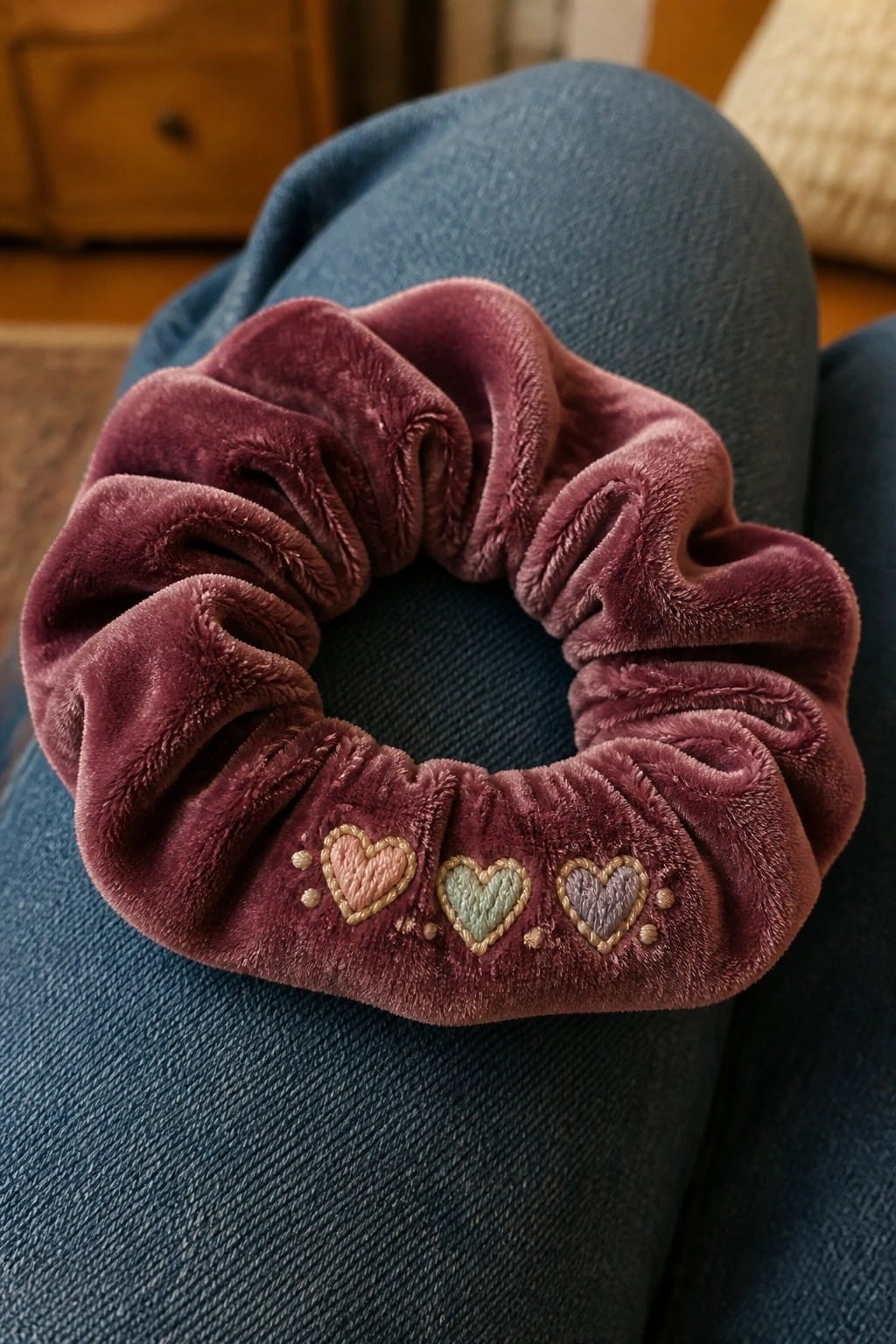 A lavender fabric scrunchie with small pink and yellow embroidered flowers sits on a wooden surface.