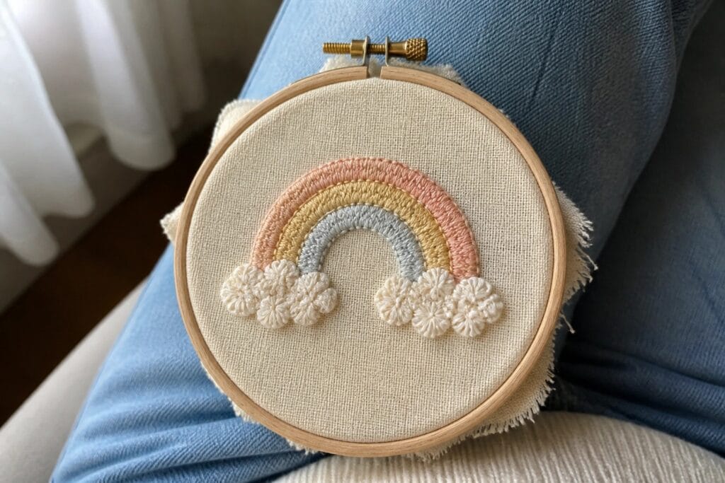 18 Tiny Cute Embroidery Designs Perfect for Leftover Fabric and Quick Projects Hand holding wooden hoop with pastel rainbow and fluffy cloud embroidery