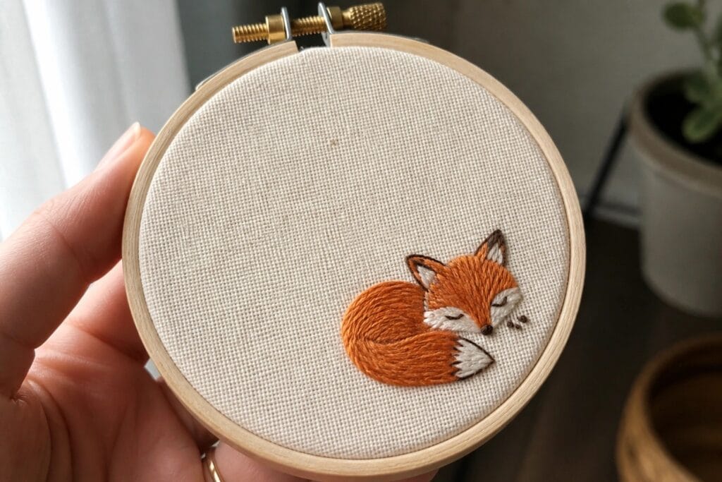 Hand in cream sweater holding hoop with embroidered sleeping orange fox on beige fabric.
