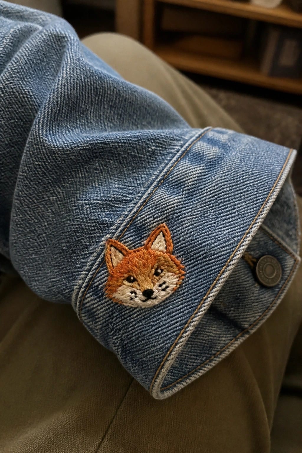 Close-up of a fox face embroidered on the cuff of a blue denim jacket.