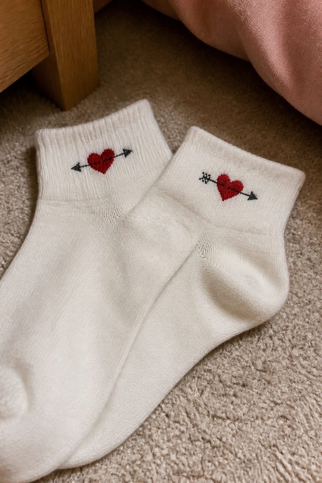 Two white ankle socks on carpet each show a small red heart with a black arrow embroidered on the side.